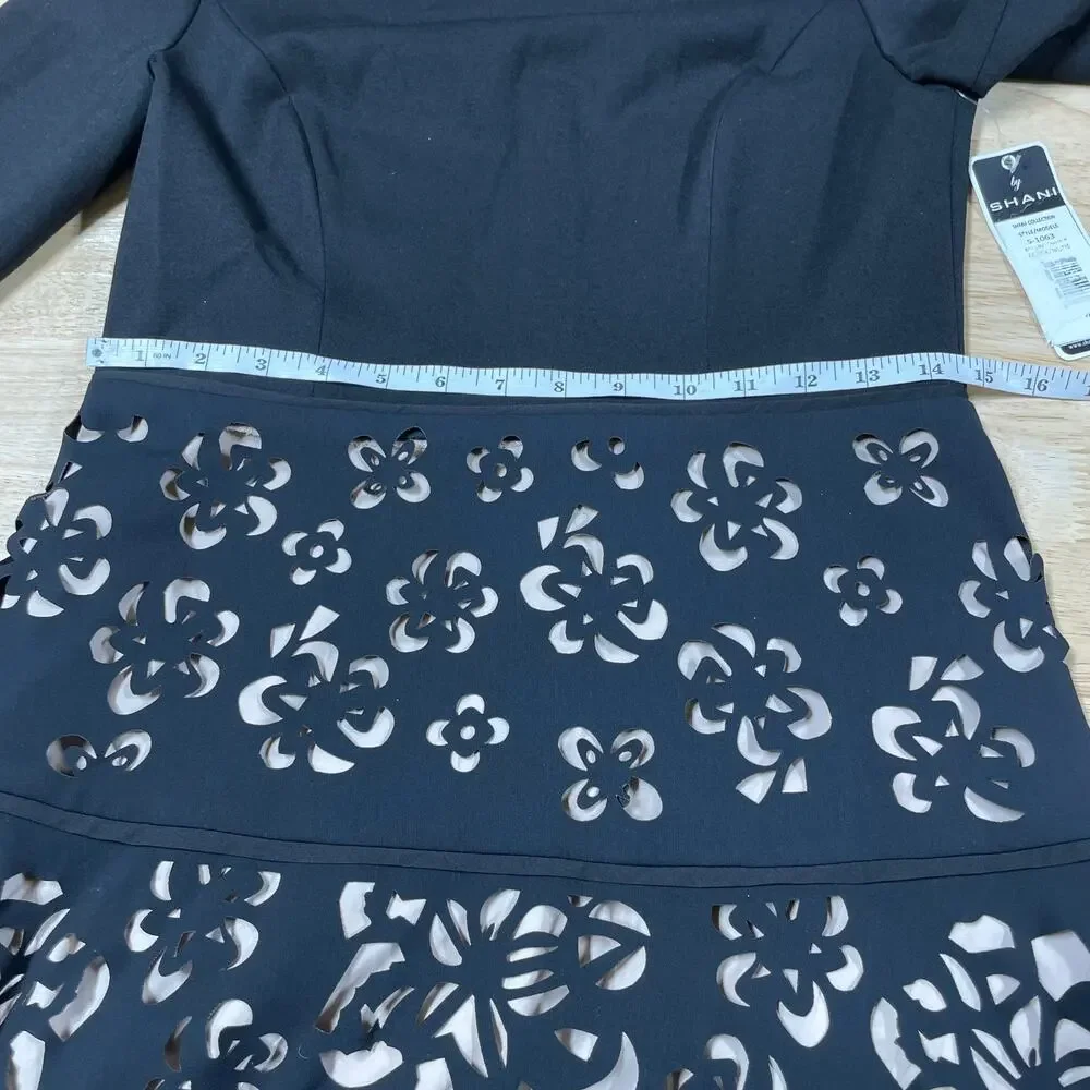 Shani NWT Laser Cut Ponte Fit & Flare Black Nude Dress Size 4 Floral Half Sleeve - Picture 7 of 10